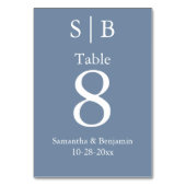 Numéro De Table Mariage Classique Monogramme Bleu Poussiéreux (Dos)