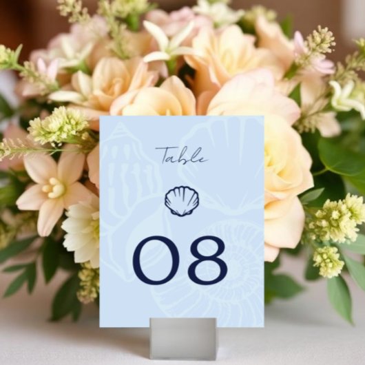 Numéro De Table Mariage Coquilles de Mer Bleu Côtiers