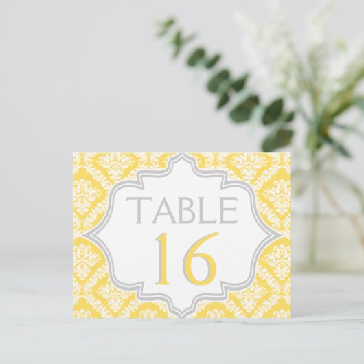 Numéro de table mariage damassé jaune citron, gris (Debout devant)