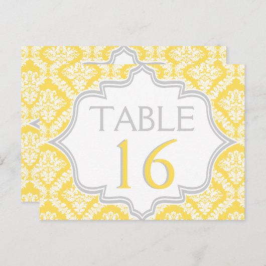 Numéro de table mariage damassé jaune citron, gris (Devant / Derrière)