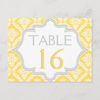 Numéro de table mariage damassé jaune citron, gris