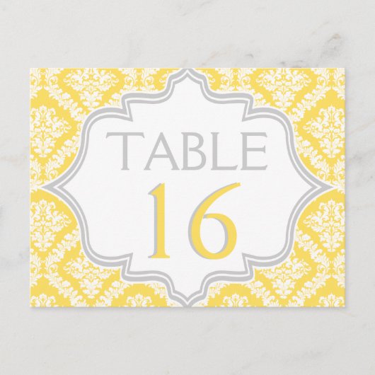 Numéro de table mariage damassé jaune citron, gris (Devant)