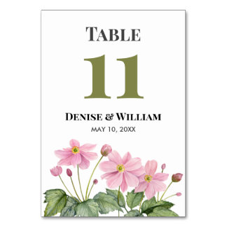 Numéro De Table Mariage d'anémone japonais rose aquarelle