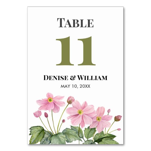 Numéro De Table Mariage d'anémone japonais rose aquarelle (Dos)