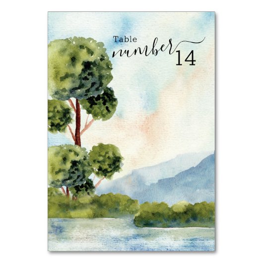 Numéro De Table Mariage d'aquarelle À feuillage persistant du lac  (Par défaut)