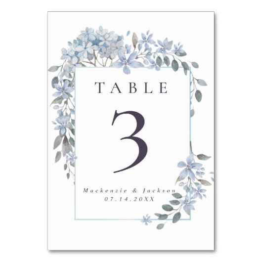 Numéro De Table Mariage d'aquarelle de cadre Blue Hydrangeas (Dos)