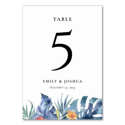Numéro De Table Mariage d'aquarelle d'été florale tropicale (Dos)