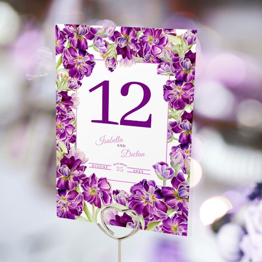 Numéro De Table Mariage d'aquarelle fleurie stock violet