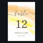 Numéro De Table Mariage d'aquarelle jaune orange<br><div class="desc">Cartes de numéro de table lumineuses et ludiques sur le thème de l'aquarelle orange jaune font une touche de gaieté mais classique sur votre réception de mariage. Personnalisez chaque numéro de table, votre nom et vos dates de mariage en lettres serif. Cela fait partie de notre collection de splash jaune...</div>