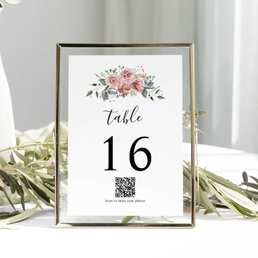 Numéro De Table Mariage d'aquarelle rose rose élégant QR Code