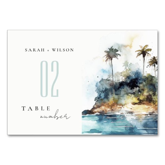 Numéro De Table Mariage d'aquarelle Seascape Palm Tree Island (Dos)