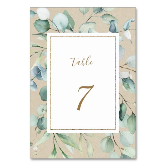 Numéro De Table Mariage d'aquarelle vert or rustique (Dos)