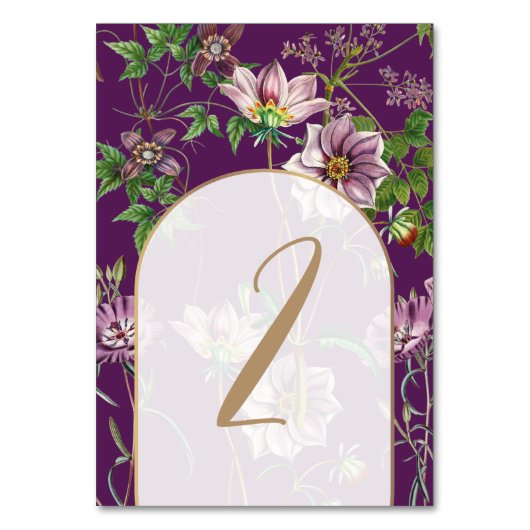 Numéro De Table Mariage d'arc doré fleuri violet (Dos)