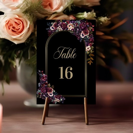 Numéro De Table Mariage d'arche florale violet bordeaux noir