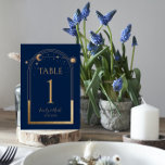 Numéro De Table Mariage d'astronomie Mystical Blue Gold Sun Moon<br><div class="desc">Mystical Blue Gold Sun Moon Astronomy Mariage Table Numbers présente soleil doré, lune et étoiles avec cadre doré sur un arrière - plan noir. À l'intérieur, vous trouverez vos informations d'invitation de mariage personnalisées. Personnalisez en modifiant le texte dans les zones de texte. REMARQUE : Veuillez customiser avec les numéros...</div>