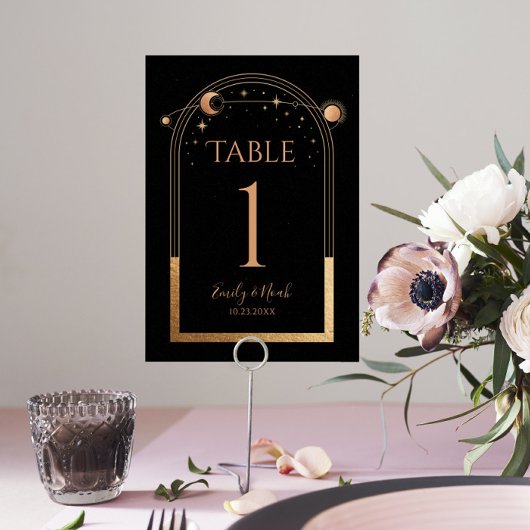 Numéro De Table Mariage d'astronomie mystique Black Gold Sun Moon