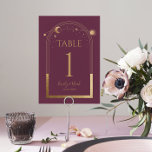 Numéro De Table Mariage d'astronomie mystique PlumGold Sun Moon<br><div class="desc">Mystical Plum Gold Sun Moon Astronomy Mariage Les chiffres de table sont dotés de soleil doré, de lune et d'étoiles avec un cadre doré sur un arrière - plan de prune. À l'intérieur, vous trouverez vos informations d'invitation de mariage personnalisées. Personnalisez en modifiant le texte dans les zones de texte....</div>