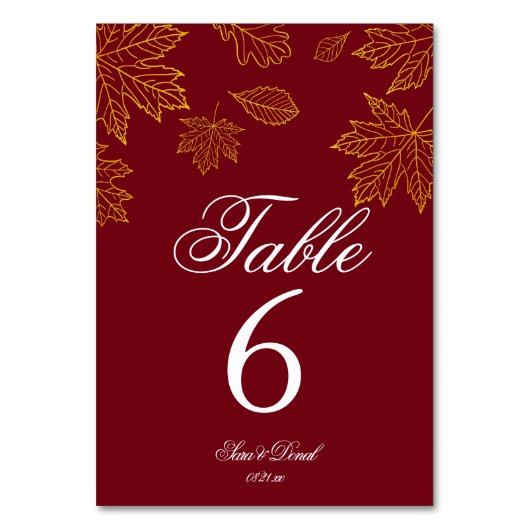Numéro De Table Mariage d'automne feuilles de Bourgogne et d'or (Dos)
