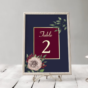 Numéro De Table Mariage d'automne floral or et Bourgogne