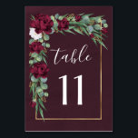 Numéro De Table Mariage de automne d'aquarelle florale de Bourgogn<br><div class="desc">Vous y trouverez un arrière - plan de lavage à l'aquarelle au vin ou au bordeaux avec un élégant dollar argenté et des feuilles d'eucalyptus ensemencés. De belles fleurs de Marsala/Bourgogne sont entrelacées avec l'eucalyptus spray. Le design comporte également une bordure en or imprimé.</div>