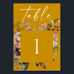 Numéro De Table Mariage de automne jaune de moutarde profonde | Bo<br><div class="desc">Éclaircissez votre décor de réception grâce à cette carte de numéro de table mariage jaune moutarde, élégante, aux flancs d'aquarelle romantique et à l'élégante calligraphie. Parfait pour les amateurs de boho, de rustique ou de mariage de automne, cette carte de table permet aux clients de trouver facilement leur place. L'arrière...</div>