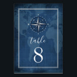 Numéro De Table Mariage de boussole Vintage bleu et blanc de la ma<br><div class="desc">Cartes de Mariage de boussole Vintage bleu et blanc de la marine marine - présentent un arrière - plan vintage de carte du monde bleu marine (globe) avec une élégante typographie blanche et une compas antique en haut. L'arrière présente le même modèle imprimé de parchemin en papier ancien en bleu...</div>
