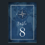 Numéro De Table Mariage de boussole Vintage bleu et blanc de la ma<br><div class="desc">Cartes de Mariage de boussole Vintage bleu et blanc de la marine marine - présentent un arrière - plan vintage de carte du monde bleu marine (globe) avec une élégante typographie blanche et une compas antique en haut. L'arrière présente le même modèle imprimé de parchemin en papier ancien en bleu...</div>