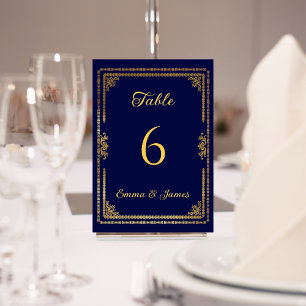 Numéro De Table Mariage de cadre bleu et or de la marine de luxe