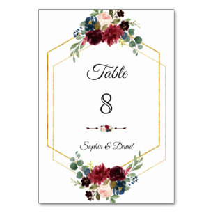 Numéro De Table Mariage de cadre Hexagon or Floral de la marine de