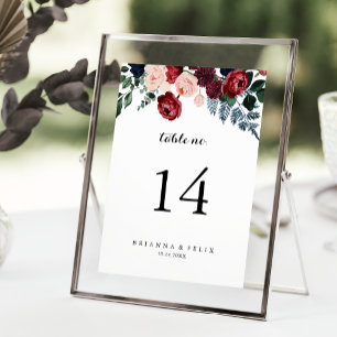 Numéro De Table Mariage de calligraphie florale de la marine borde
