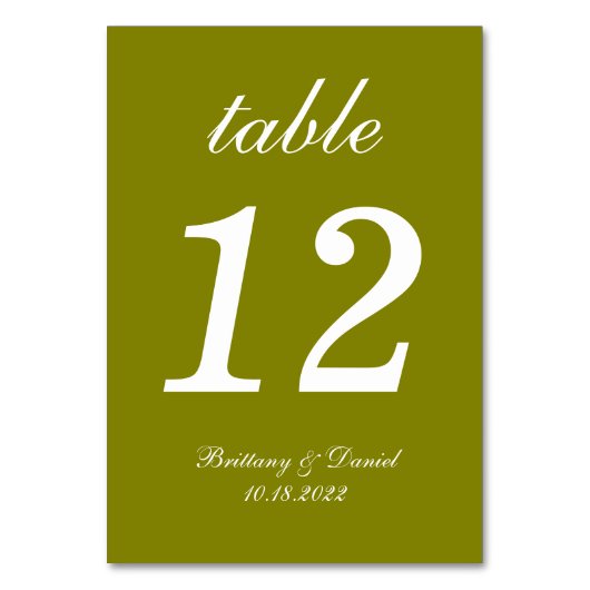 Numéro De Table Mariage de calligraphie simple Olive Green (Dos)