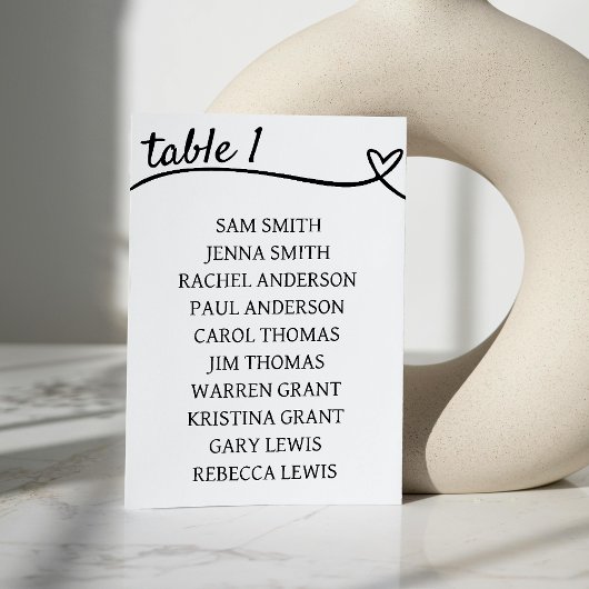 Numéro De Table Mariage de coeur blanc et noir