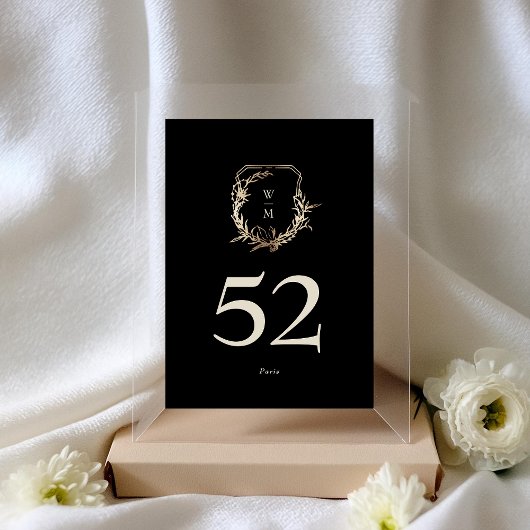 Numéro De Table Mariage de couronne d'or Monogramme noir et crème 