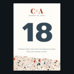 Numéro De Table Mariage de dalle Terrazzo double face<br><div class="desc">Un détail en pierre de terrazzo tendance et une typographie d'inspiration du milieu du siècle donnent à ce numéro de table mariage une ambiance chaleureuse et moderne dans une palette de couleurs inspirées du désert de rouille,  de rouille et de bleu ardoise,  le tout complété par un monogramme moderne.</div>
