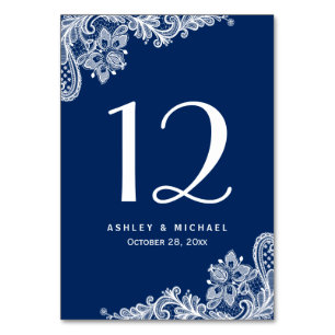 Numéro De Table Mariage de dentelle blanche élégant bleu marine Nu