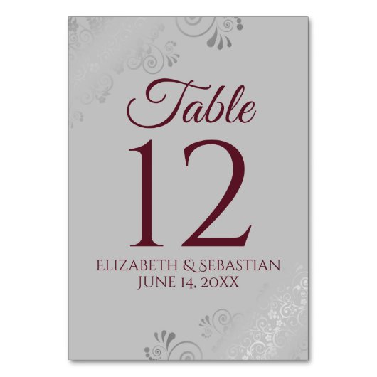 Numéro De Table Mariage de filigre élégant gris et bordeaux (Dos)