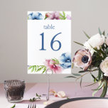 Numéro De Table Mariage de fleurs d'anémone aquarelle<br><div class="desc">Aquarelle Anemone Flower Mariage Table Number propose un élégant script bleu sur un arrière - plan blanc entouré de magnifiques fleurs Anemone en rose, lavande, bleu, violet et violet avec des feuilles verts. Le texte peut être personnalisé en modifiant les zones de texte. Conçu pour vous par Evco Studio ©...</div>