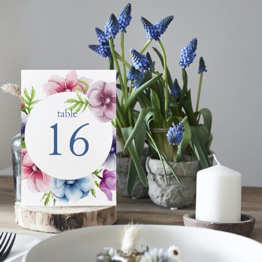 Numéro De Table Mariage de fleurs d'anémone aquarelle