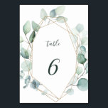 Numéro De Table Mariage de Foliage Géométrique Or<br><div class="desc">Ce numéro de table mariage est composé d'eucalyptus à aquarelle peinte et de feuilles verts botaniques avec cadre géométrique or. Pour une personnalisation plus avancée de cette conception,  cliquez sur Personnaliser Autre lien pour modifier la police,  la taille et la couleur.</div>