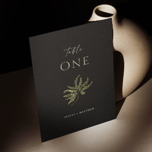 Numéro De Table Mariage de fougère de bois noir et délicat minimal