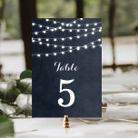 Numéro de table Mariage de la chaîne bleue de minu<br><div class="desc">Design chic moderne de carte de numéro de table mariage d'été avec des lampes à cordes élégantes et simples accrochées sur le dessus et un mélange classe de polices de script modernes et de calligraphie sur un arrière - plan imprimé fausse aquarelle texture. Un design simple et élégant, parfait pour...</div>
