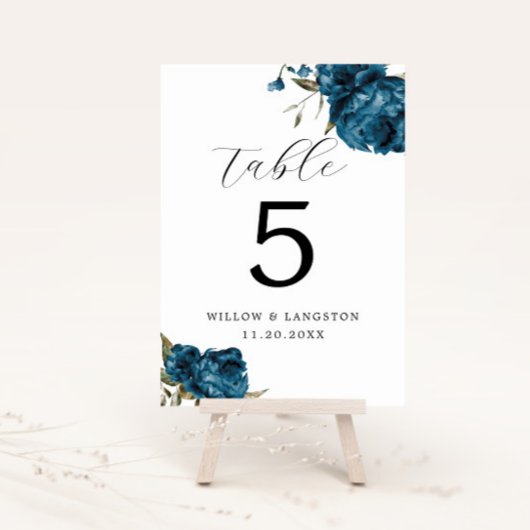 Numéro De Table Mariage de la fleur de tourbe bleu de la Marine Nu