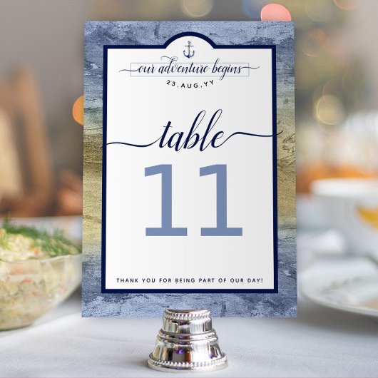 Numéro De Table Mariage de la Marine Naútico Acier Bleu et Or