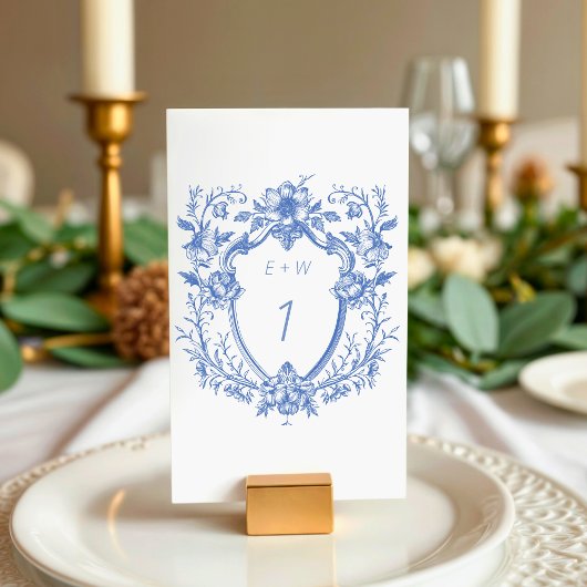Numéro De Table Mariage de monogramme de crête bleu classique