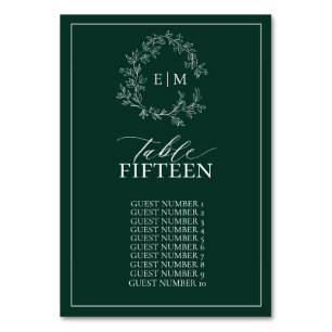 Numéro De Table Mariage de monogramme Emerald Green Leafy Crest