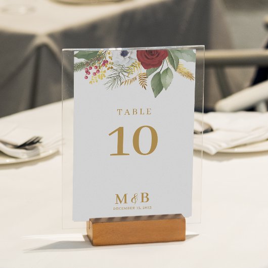 Numéro De Table Mariage de monogramme floral or rouge gras