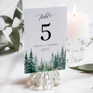 Numéro De Table Mariage de montagne de la forêt de pins d'aquarell