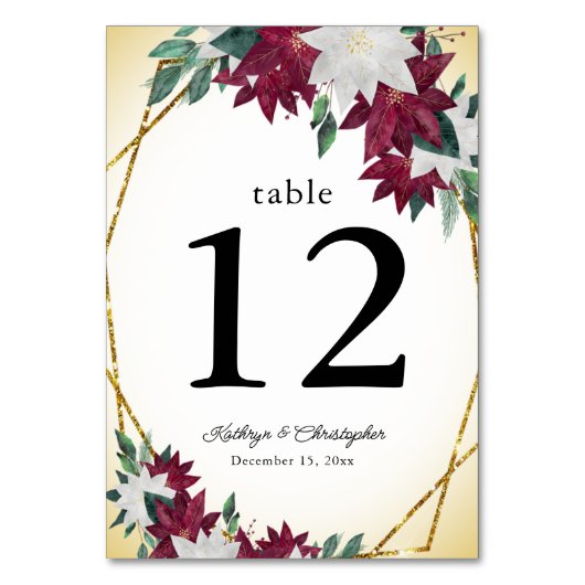 Numéro De Table Mariage de Noël Bourgogne Poinsettias et Or (Dos)
