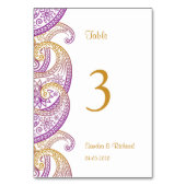Numéro De Table Mariage de Paisley indien violet et or (Dos)