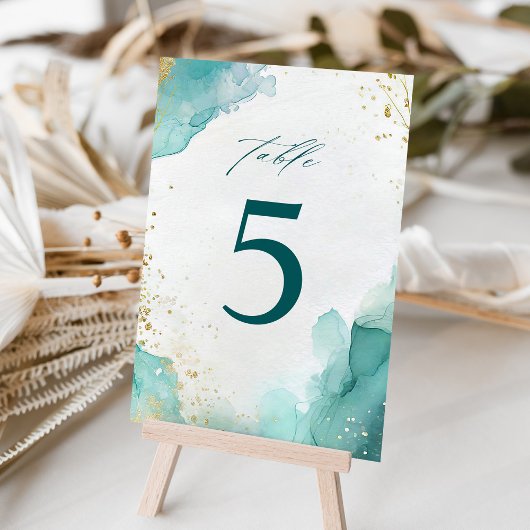 Numéro De Table Mariage de plage abstrait sarcelle et or moderne